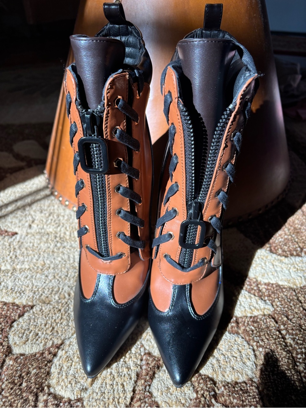 Two-Tone “Tough To Love” Lace-Up Stiletto Booties in Brown and Black - Picture 4 of 4